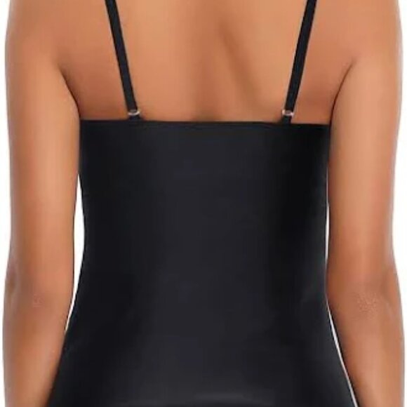 TEMPT ME BLACK HIGH NECK RUCHED SIDES TANKINI & MID RISE BOTTOM SIZE XS NWT - Picture 2 of 9